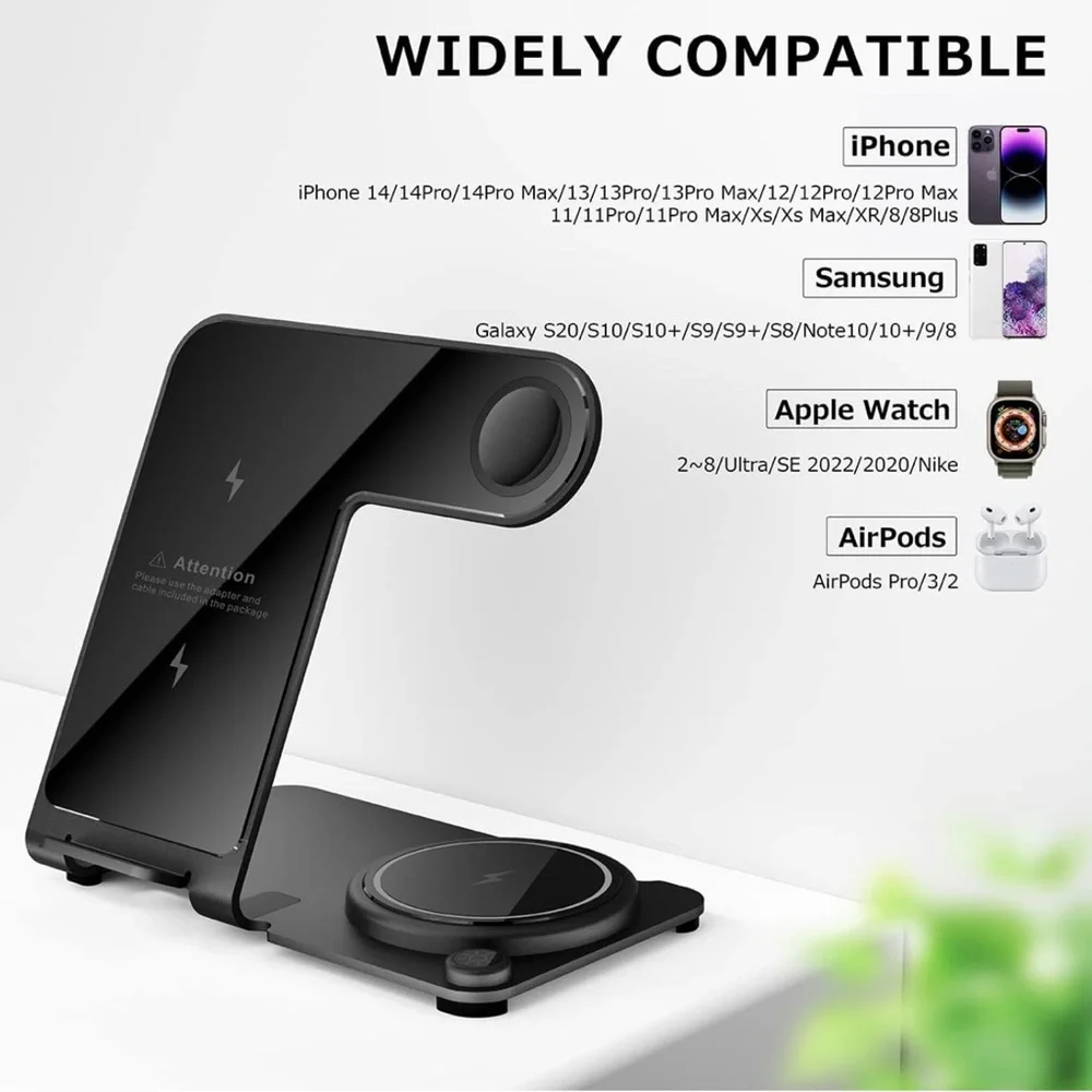 3 in 1 Wireless Charging Station for Multiple Devices, Aluminum Alloy -Black